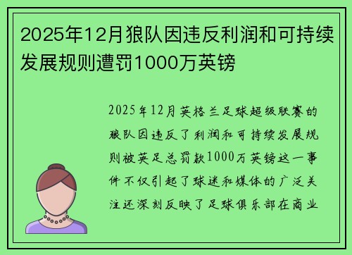 2025年12月狼队因违反利润和可持续发展规则遭罚1000万英镑 2025年12月狼队因违反利润和可持续发展规则遭罚1000万英镑